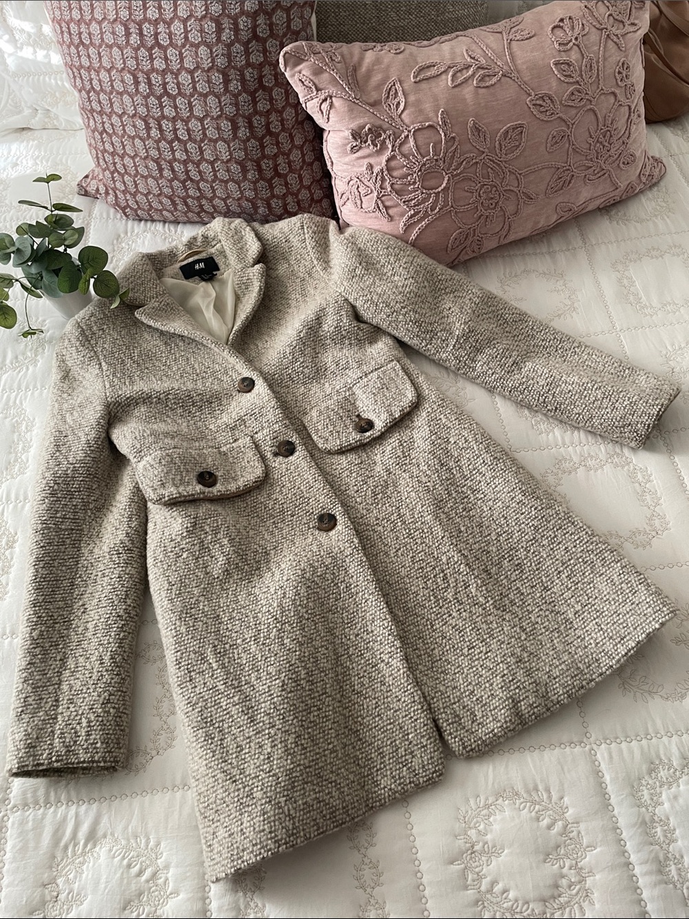 H&M Women's Bouclé Pea Coat in Light Gray